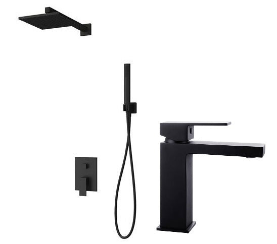 Комплект Delos Nero - Praxis Rubinetterie черен матов душ комплект с вграден смесител, душ пита, ръчен душ и смесител за мивка KERANOVA