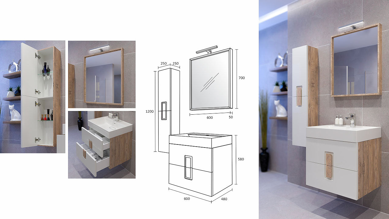 Серия Дърбан 60 см. PVC шкаф, огледало с LED и колона HPL покритие 5414 за онлайн магазин KERANOVA