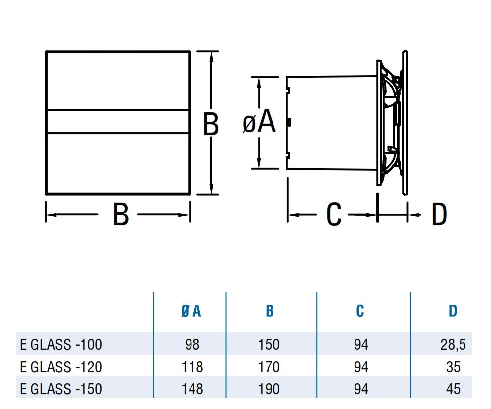 Cata E-100 Glass бяло стъкло - техническа схема и размери вентилатор за баня, онлайн магазин KERANOVA