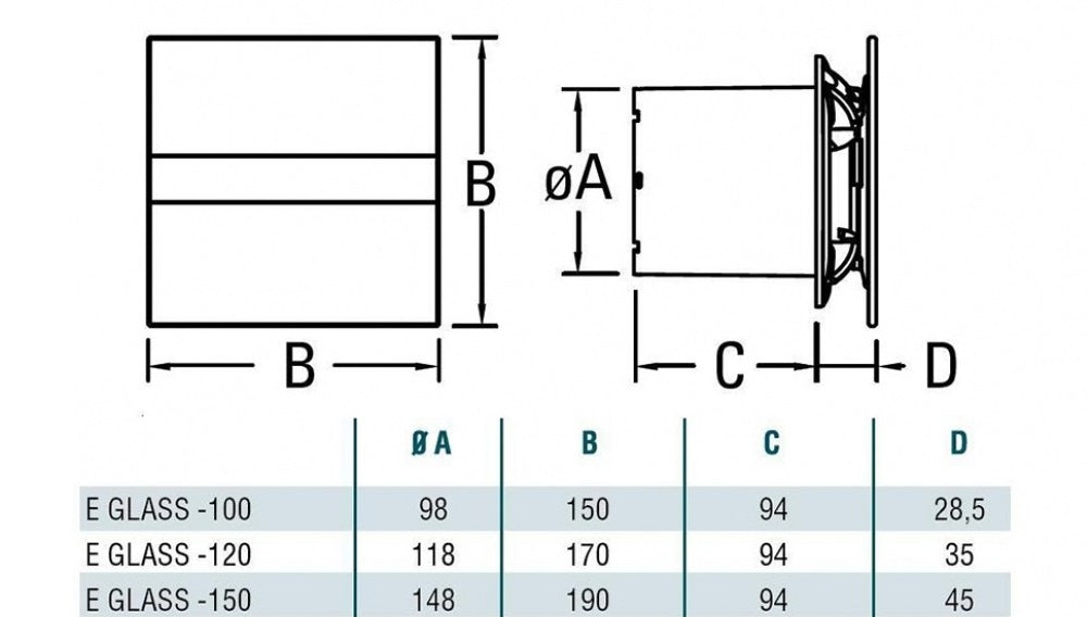 Cata E-100 GSTH сиво стъкло и дисплей - технически чертеж и размери на вентилатор 100 мм, онлайн магазин KERANOVA