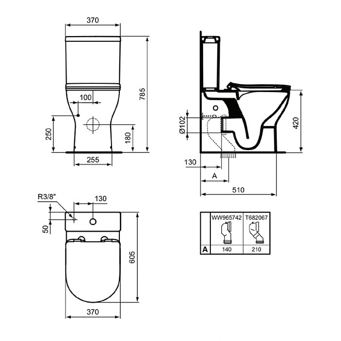Моноблок Tirso RimLS - Ideal Standard технически чертеж с размери за монтаж, Керанова онлайн магазин