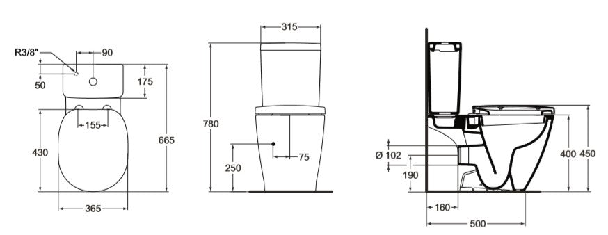 Моноблок Connect Cube - Ideal Standard технически чертеж с размери, седалка с плавно затваряне, казанче с долно пълнене, KERANOVA