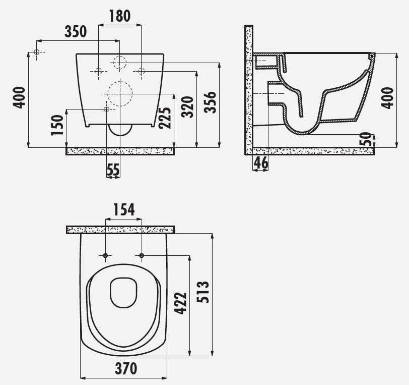 Конзолна тоалетна Elegant Rim-Off - опция биде технически чертеж с размери за монтаж 350x370x400 мм, KERANOVA онлайн магазин