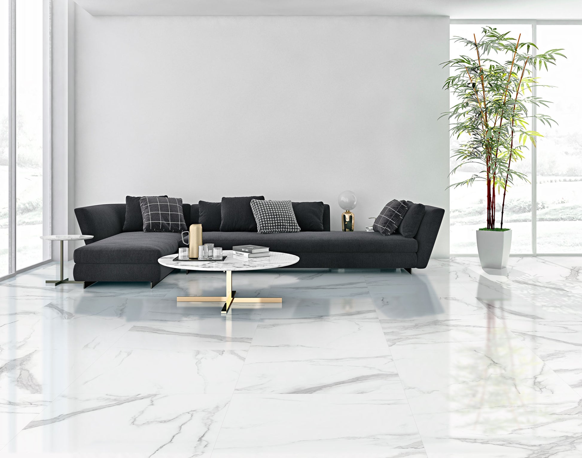 Estatuario Shiny 59.5x59.5 ITT Ceramic полиран и калиброван гранитогрес в съвременна всекидневна – онлайн магазин KERANOVA