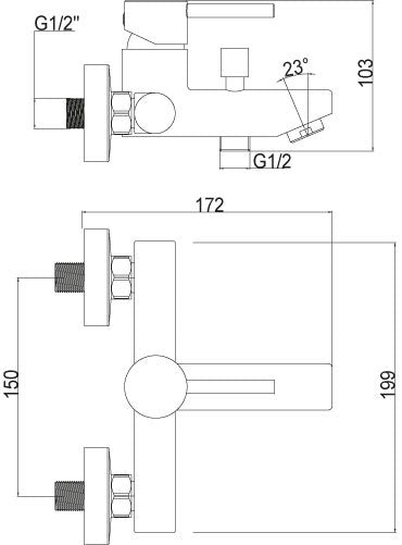 Смесител за вана и душ Evo Matt Black - технически чертеж с размери и G1/2 връзки, стенен монтаж, мат черно покритие