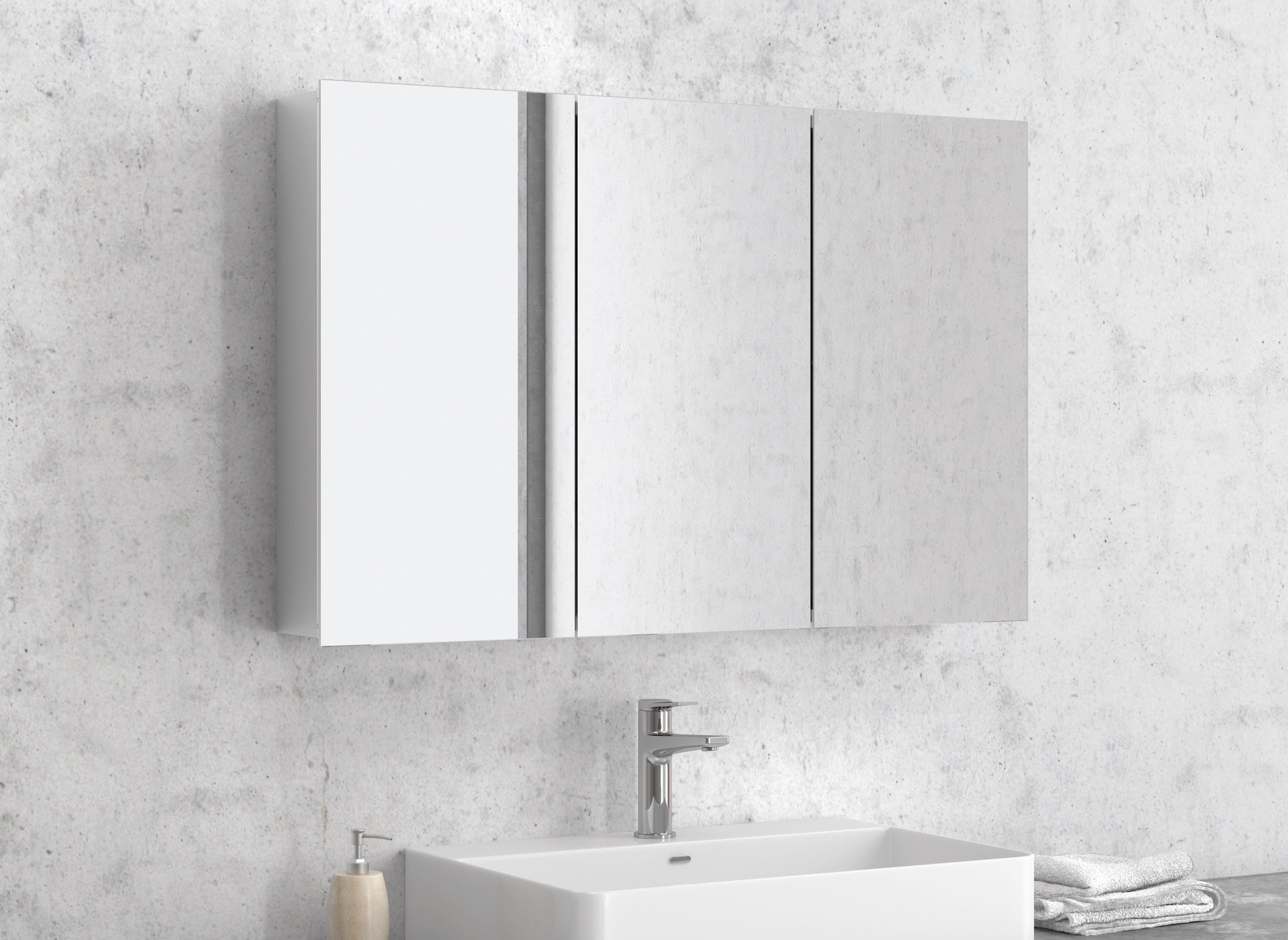 Огледален шкаф Economy 1200 от алуминий, двустранни огледални врати, подвижни стъклени рафтове — онлайн магазин за обзавеждане за бани KERANOVA