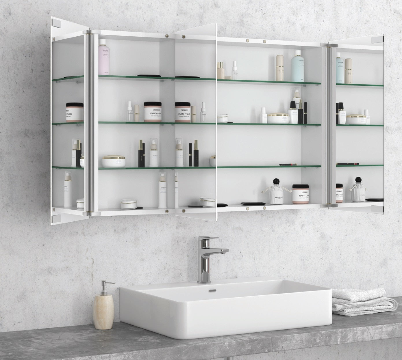 Огледален шкаф Economy 1200 от алуминий с подвижни рафтове от закалено стъкло, магнитно затваряне – онлайн магазин за обзавеждане за бани KERANOVA