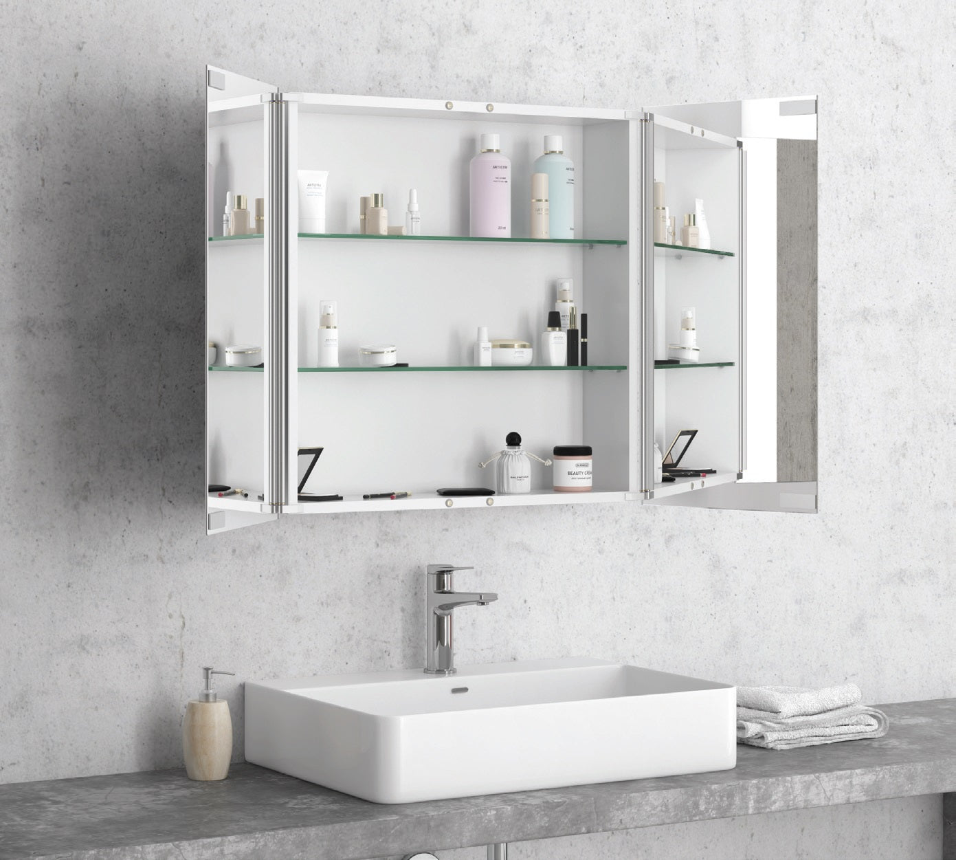 Огледален шкаф Economy 600 от алуминий с двустранни огледални врати и подвижни рафтове от закалено стъкло — KERANOVA онлайн магазин