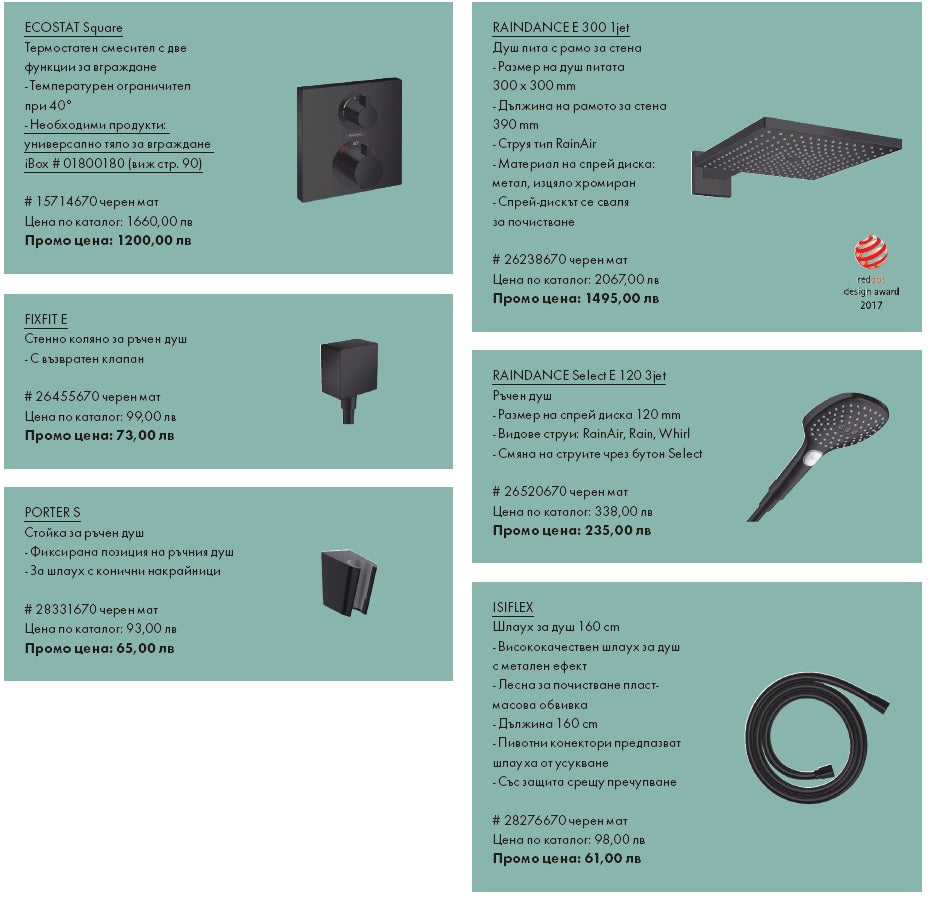 Hansgrohe Ecostat Square matt black душ-система с термостат, Raindance E 300, iBox и ръчен душ - онлайн магазин KERANOVA