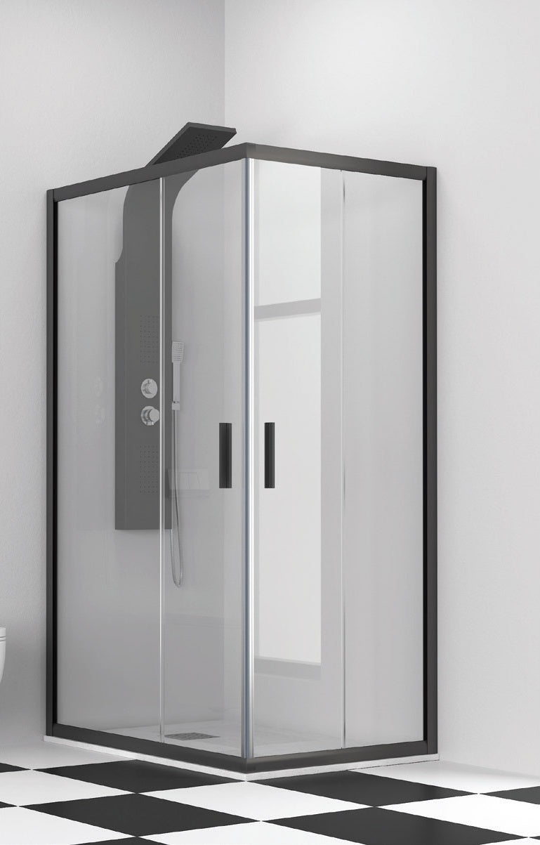 Асиметрична кабина Efe 100 Nero - 120x130 см. черна алуминиева рамка, прозрачно 5 мм закалено стъкло, магнитни уплътнения, височина 190 см, KERANOVA
