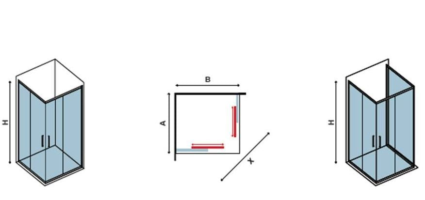 Асиметрична кабина Efe 100 Nero - 70x90 см. диаграма с размери и конструкция за онлайн магазин за обзавеждане за бани KERANOVA