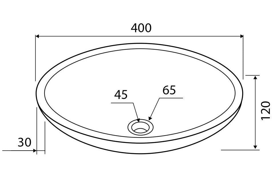 Каменна мивка Elena SBP Nero Ф40 см. - диаграма с размери 400x120x30 мм и отвора Ø45 мм за онлайн магазин KERANOVA