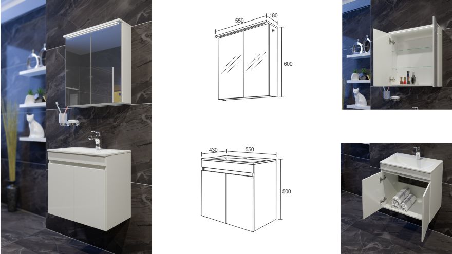 Серия Ели 55 см. бял PVC горен и долен шкаф с огледало, LED осветление и мивка Fayans Линеа – KERANOVA баня