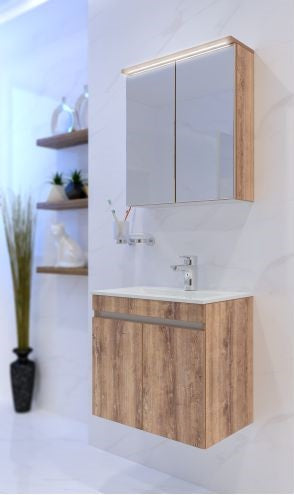 Серия Eli Wood 55 см. горен и долен шкаф с HPL покритие KAINDL, LED осветление и мивка Fayans Линеа - KERANOVA онлайн магазин