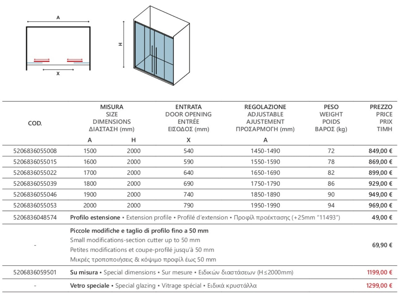 Elysium 600 - 195-199 см. луксозен стъклен параван за баня с плъзгащи и стационарни стъкла, KERANOVA