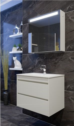 Серия Ema 65 см. бял PVC долен и горен шкаф с LED огледало и мивка Fayans Линеа - онлайн магазин KERANOVA