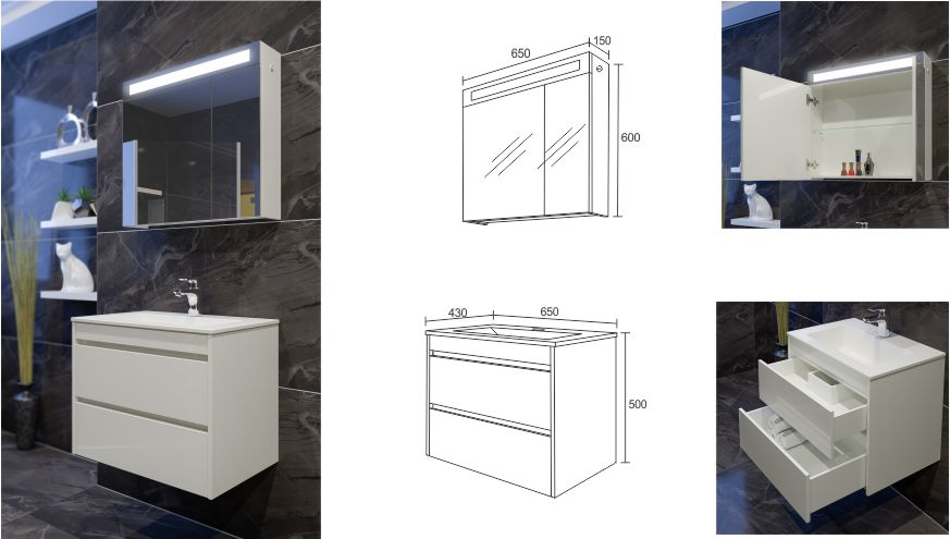 Серия Ema 65 см. бял PVC горен шкаф с LED огледало и долен шкаф с мивка Fayans Линеа за онлайн магазин KERANOVA
