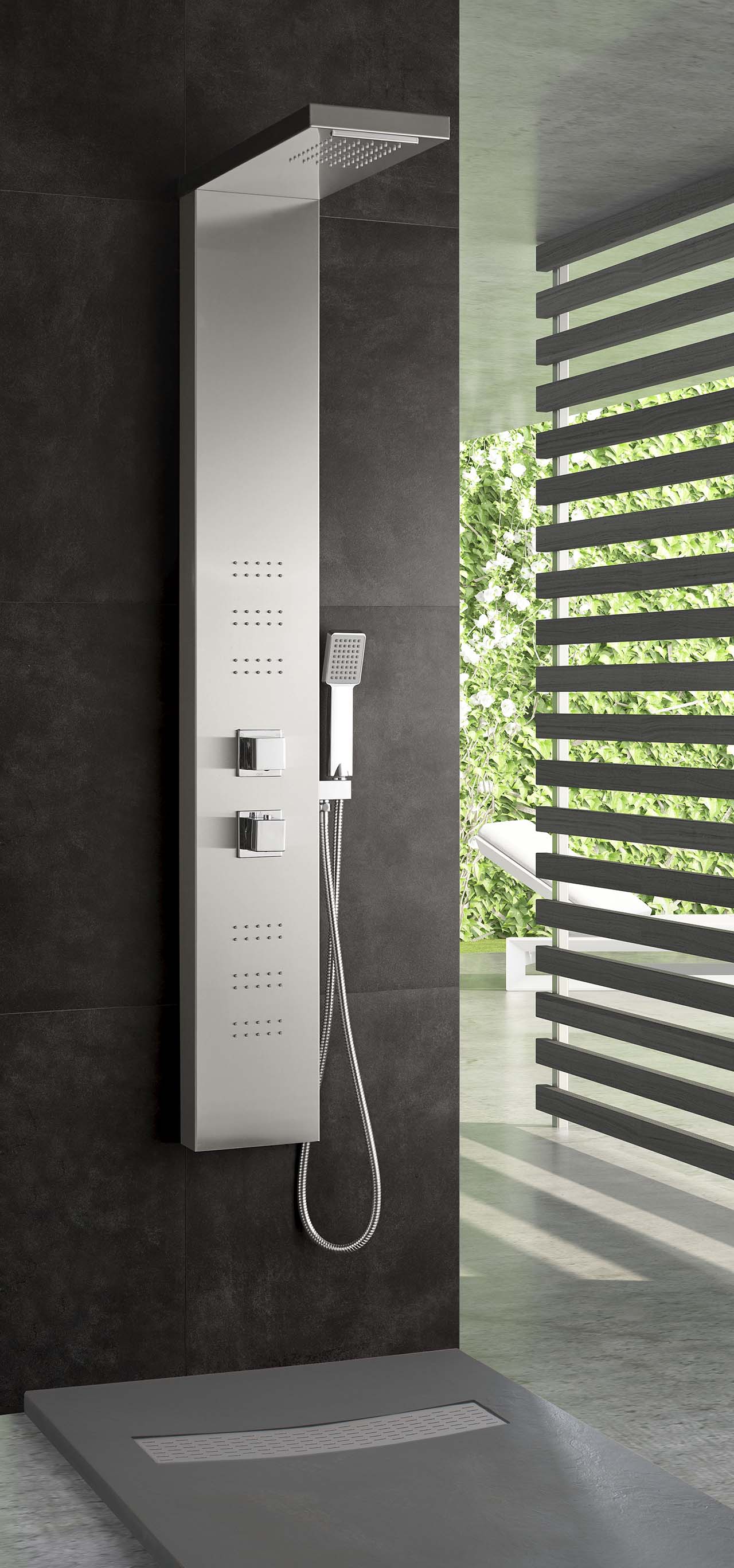 Душ панел Essence Thermostatic - Oasis Star /Испания/ от KERANOVA, inox хидромасаж, термостатичен смесител, ръчен душ, 150x20x53 см