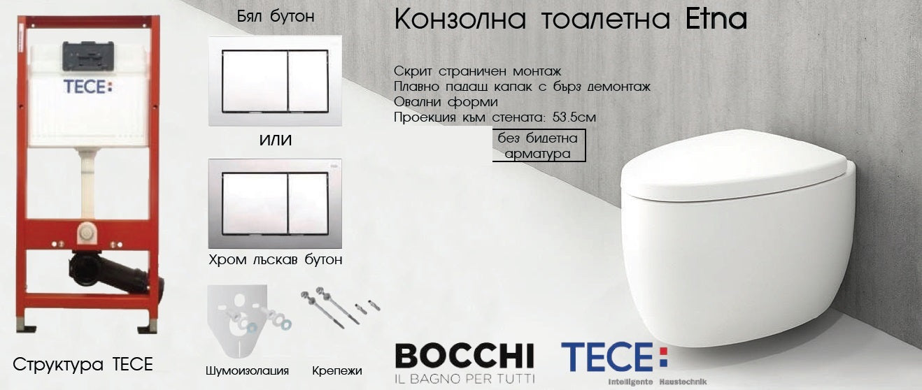 Комплект Etna Bocchi + Tece Base - промо комплект вграденa структура TECE и окачена тоалетна Etna със седалка KERANOVA