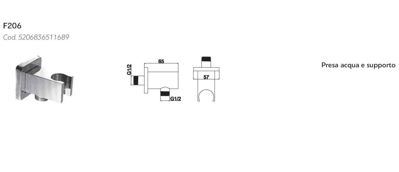 Вграден душ Klip - Genebre Испания: месингово комбинирано коляно с държач за ръчен душ, технически размери F206 - KERANOVA