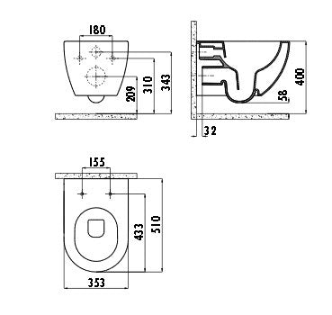 Конзолна тоалетна Rim-Off - опция биде, технически чертеж със размери, окачена тоалетна Rimless, KERANOVA онлайн магазин