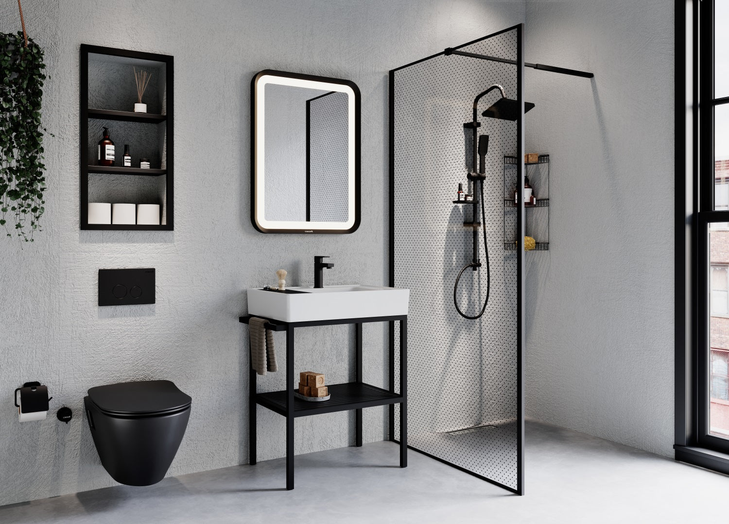 Конзолна тоалетна Rim-Off Black Matte - опция биде в модерна черна баня, окачена тоалетна Rimless, онлайн магазин KERANOVA