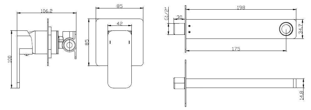 Вграден смесител за мивка Delos Cromo - технически чертеж и размери за онлайн магазин KERANOVA