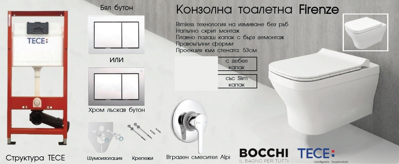 Комплект Firenze Rimless + Tece Base промо комплект вграждане WC Tece Base, окачена тоалетна Firenze Rimless, седалка със забавено падане, KERANOVA