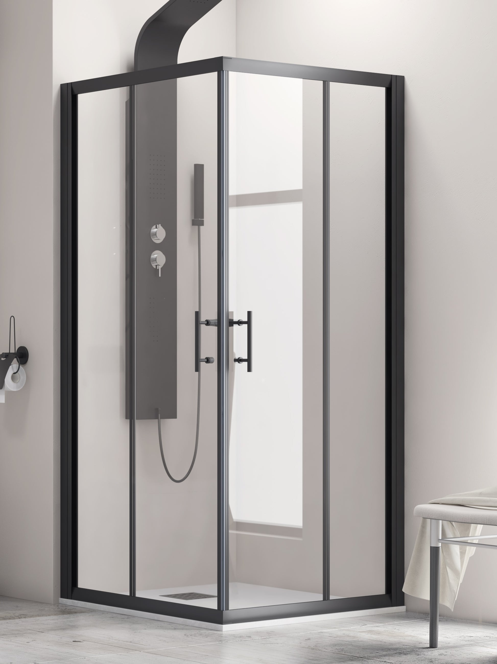 Flora 100 Nero - 70x70 квадратна душ кабина с черен алуминиев профил, 6 мм закалено стъкло, антикалк покритие, магнитен уплътнител