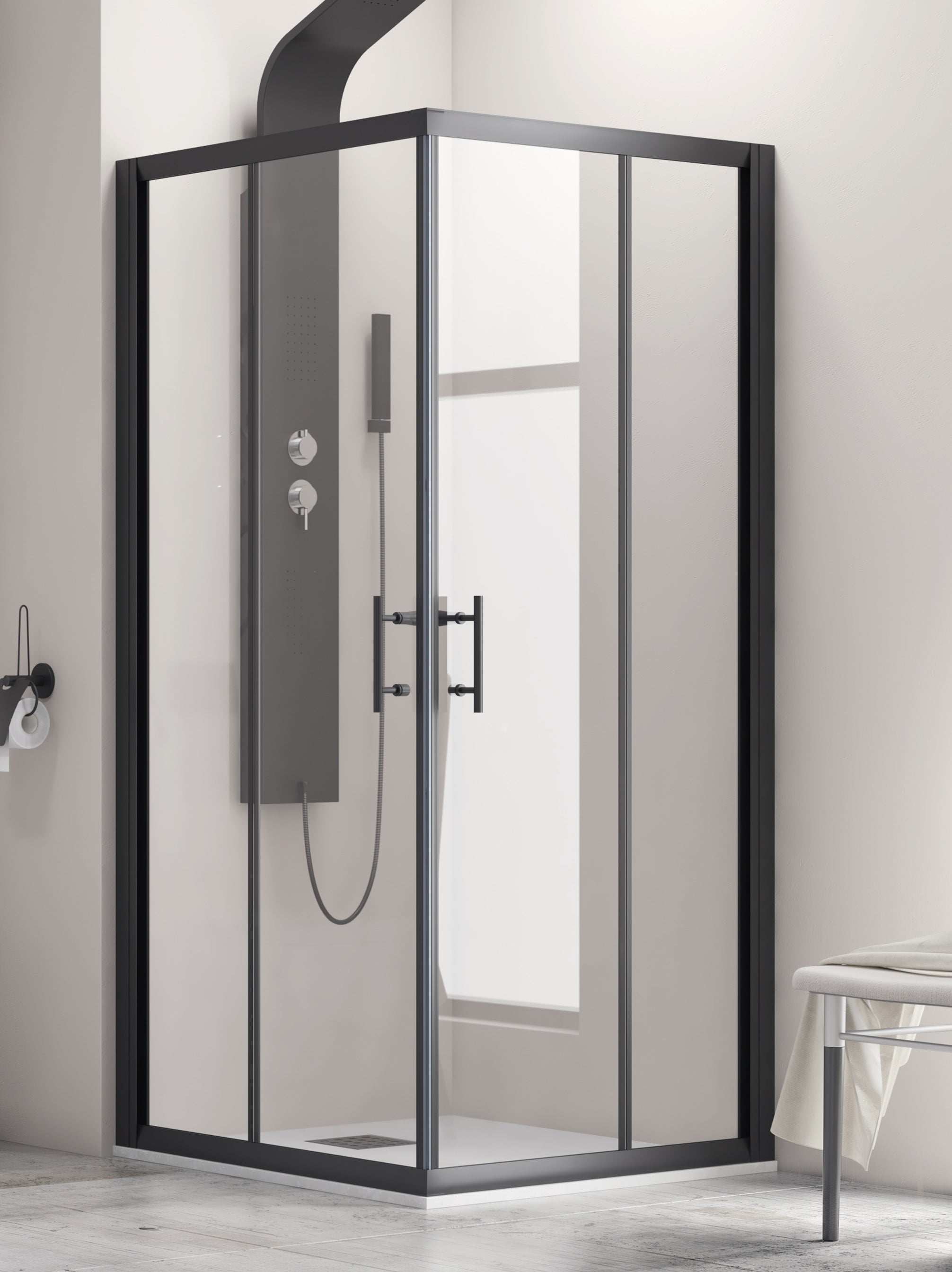 Flora 100 Nero - 70x100 асиметрична душ кабина с черен алуминиев профил, 6 мм закалено стъкло, анти-калк покритие, магнитен уплътнител