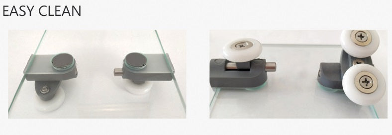 Flora 100 Nero Satine - 100x110 - матирано стъкло: близък план на двойни ролки EasyClean и алуминиев черен профил за душ кабина от KERANOVA