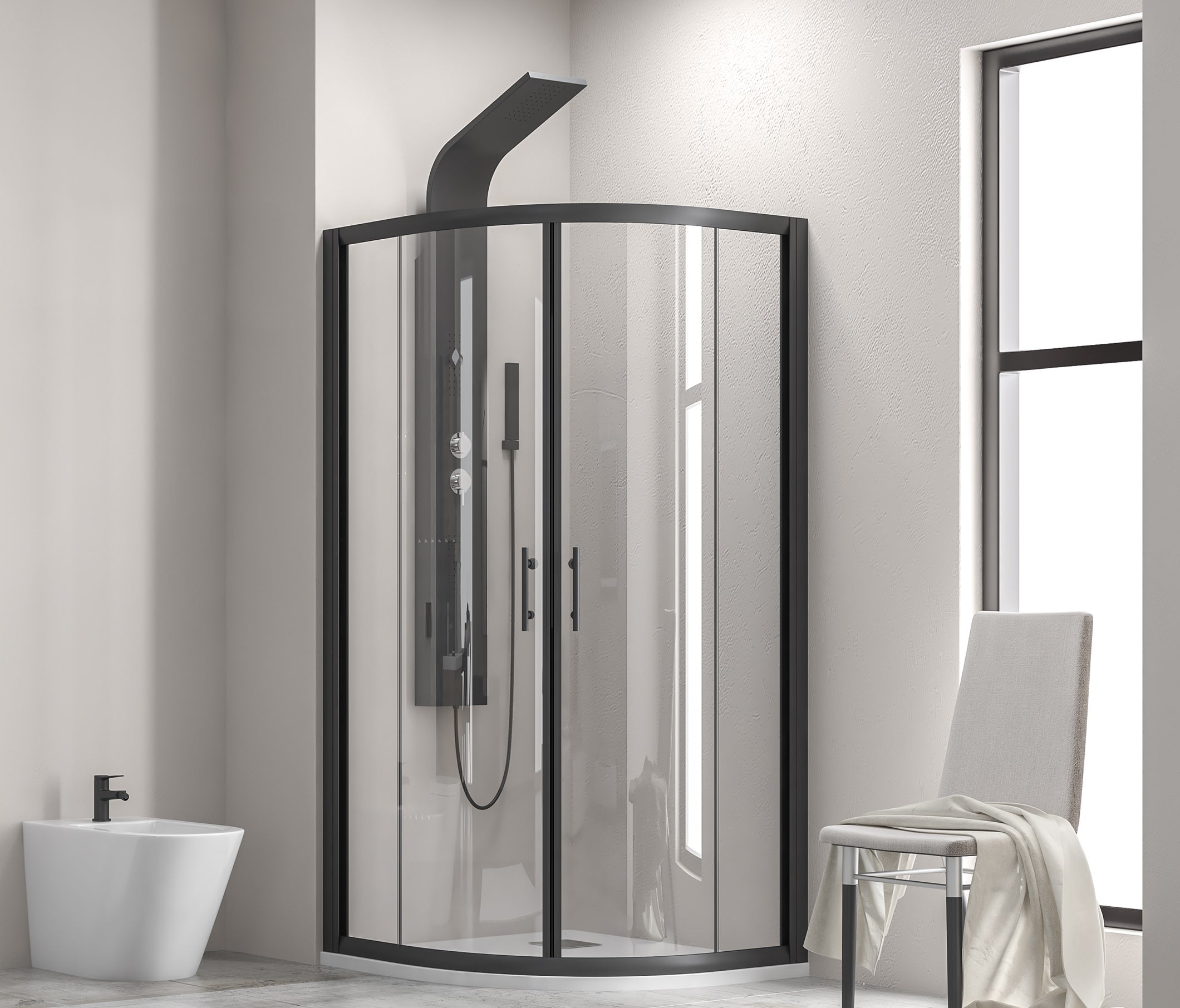 Flora 200 Nero - 90х90 овална душ кабина черен профил 6мм закалено стъкло анти калк магнитен уплътнител KERANOVA