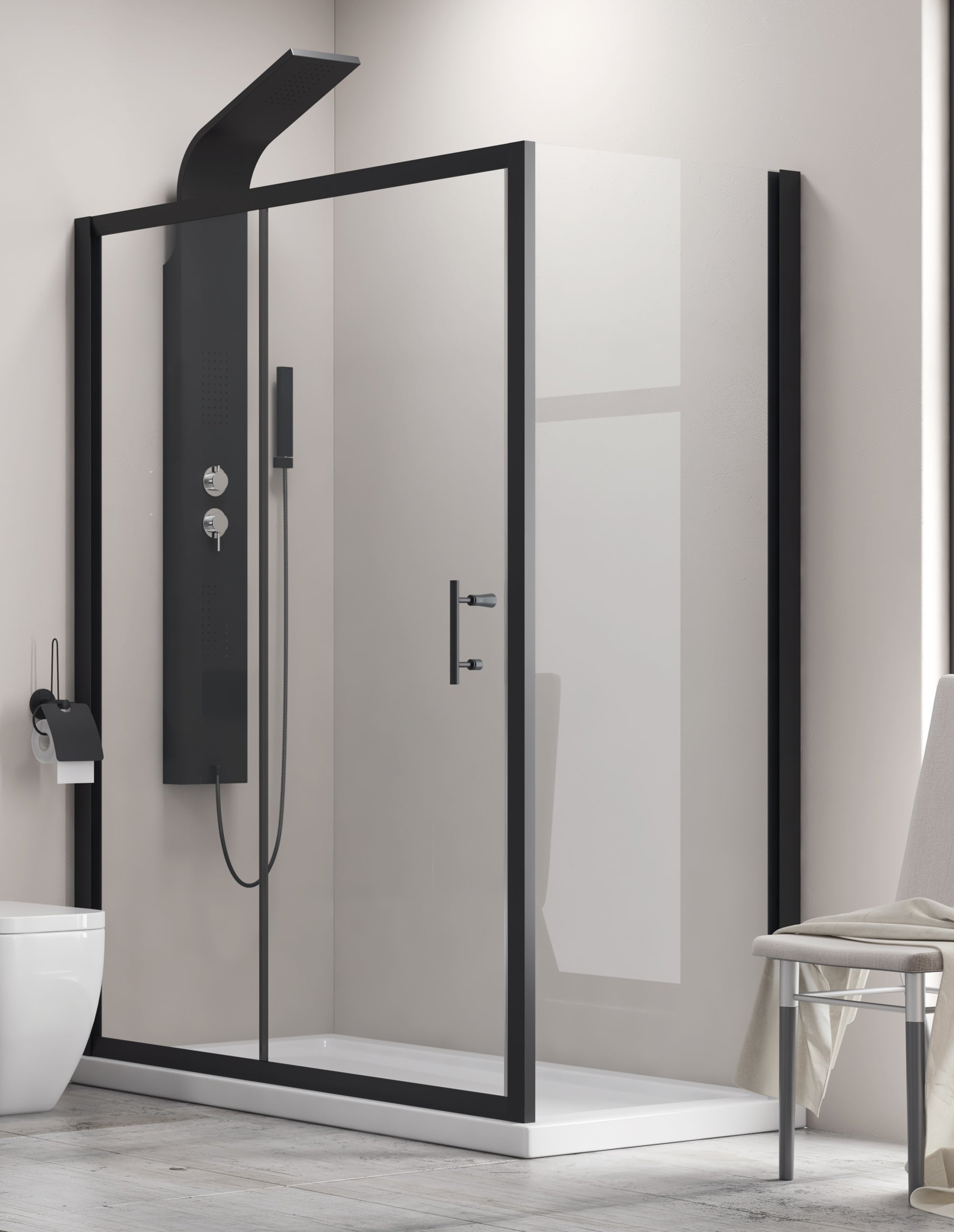 Flora 500 Nero - 90х120 асиметрична душ кабина 6 мм закалено стъкло, анти калк, магнитен уплътнител, черен алуминиев профил - KERANOVA