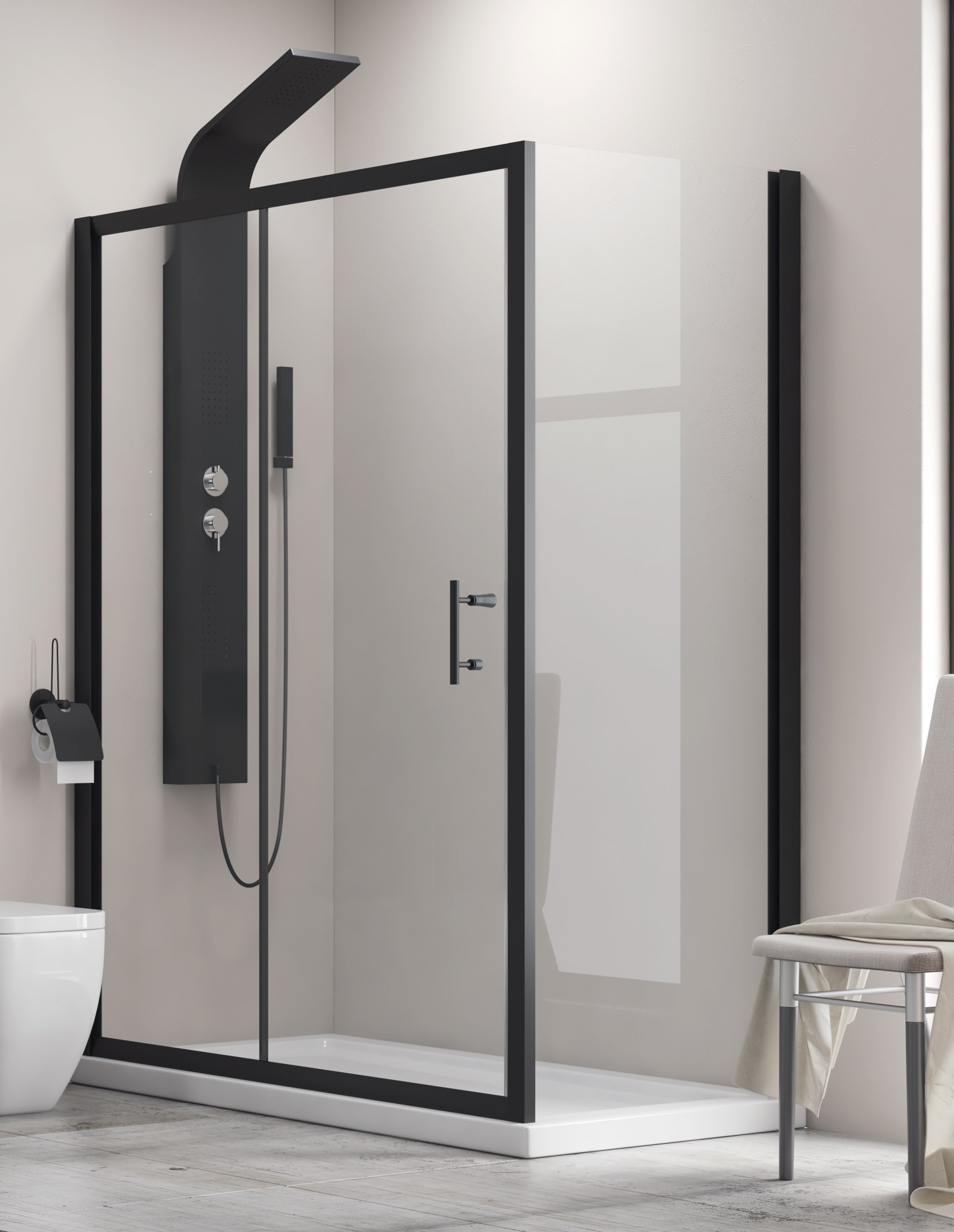 Flora 500 Nero - 90х120 асиметрична душ кабина 6 мм закалено стъкло, анти калк, магнитен уплътнител, черен алуминиев профил - KERANOVA