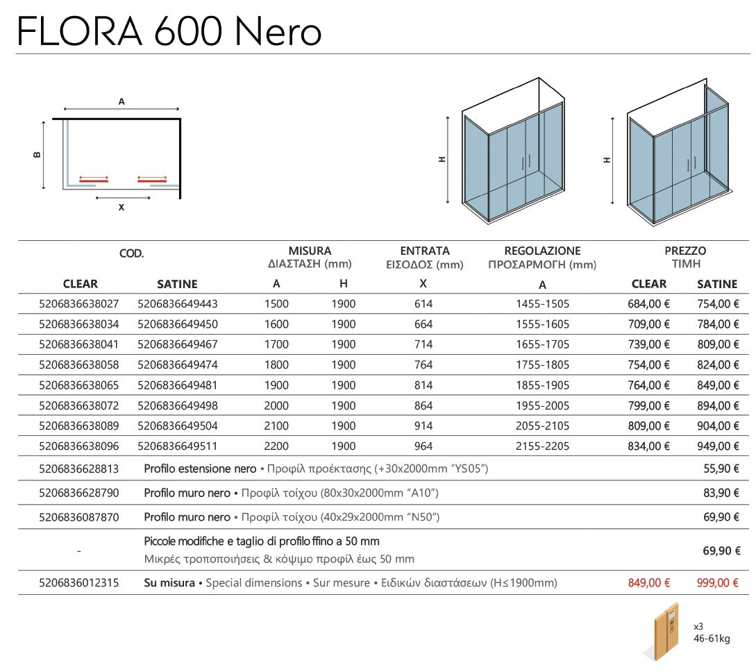 Flora 600 Nero - 215.5-220.5 см. стъклен параван за баня черен профил 6мм закалено стъкло KERANOVA онлайн магазин