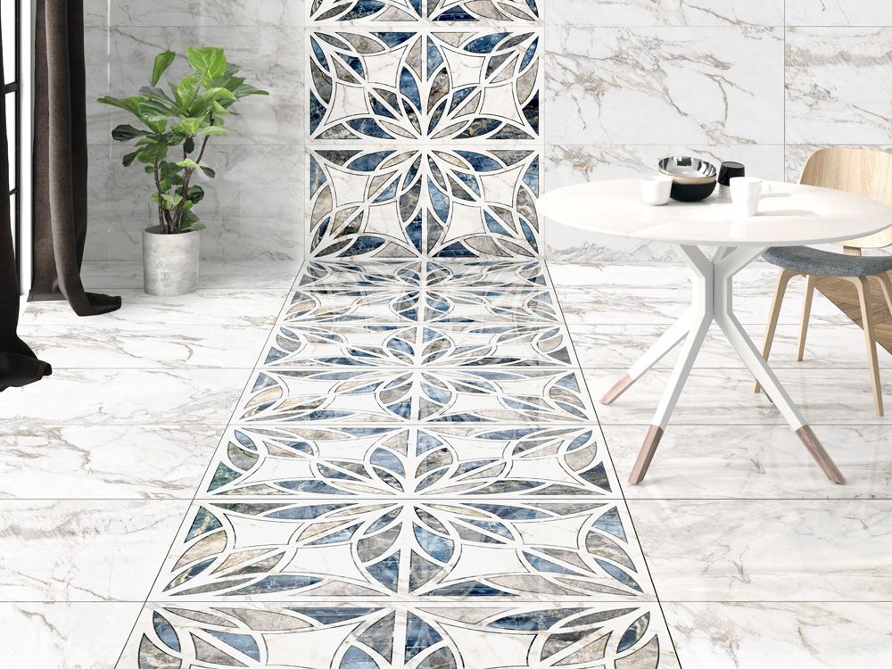 Floreale Decor 60x120 - Qua полиран гранитогрес с флорален декор в бяло и синьо, онлайн магазин за обзавеждане за бани KERANOVA