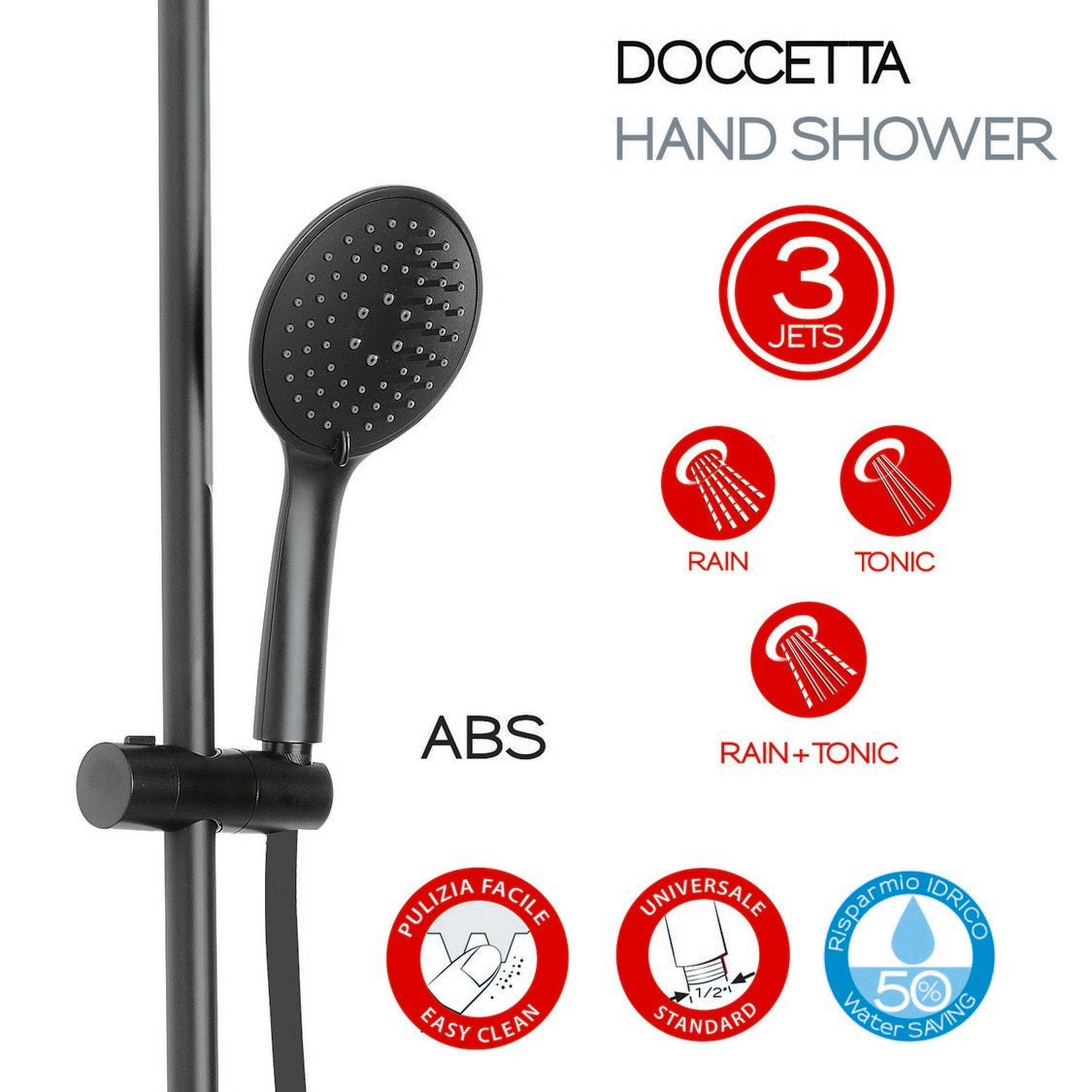 Душ колона Gedy G-Star Black – черна душ пита Ф225 мм с еднофункционална слушалка, силиконов шлаух и телескопична тръба, KERANOVA