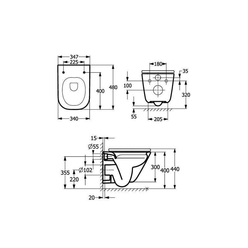 Комплект Duplo + GAP COMPACT Square Rimless - Roca технически чертеж и размери за монтаж за онлайн магазин KERANOVA