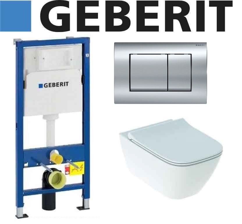 GEBERIT DUOFIX DELTA 30 Chrome с тоалетна Geberit Smyle Rimfree – вградена структура Duofix, бутон Delta 30 хром, окачена Rimfree чиния – KERANOVA