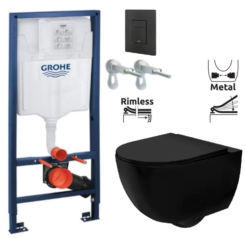 Kомплект Carlo Rimless Black Matt и GROHE Even Black - окачена тоалетна Rimless черна, структура Grohe, активатор Even Black, KERANOVA