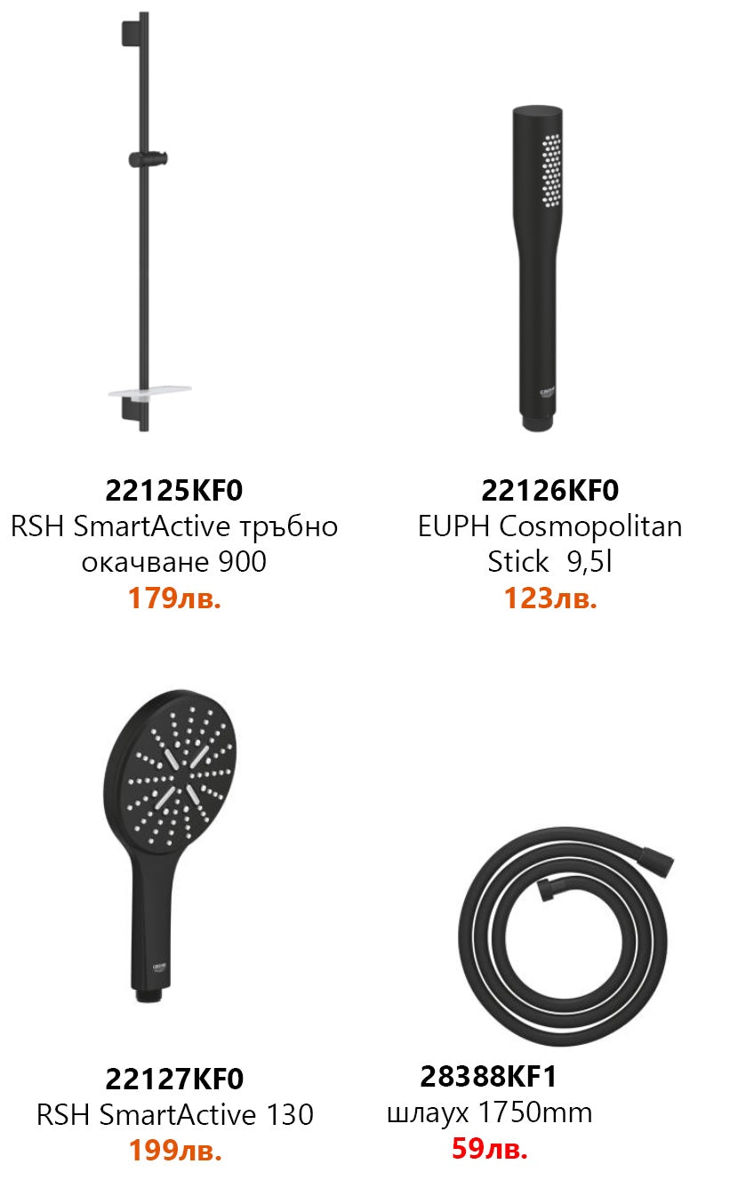 Стенен смесител за вана/душ Grohe Essence Phantom Black – матово черно, трислойно покритие, 35мм керамичен картуш, онлайн магазин KERANOVA