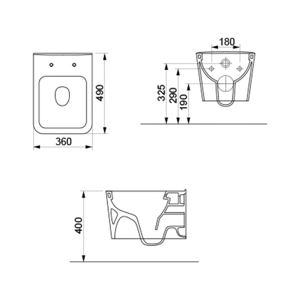 Kомплект Quartz Rimless 49 см и Alcaplast окачена тоалетна технически чертеж с размери 49x36 см, Rimless дизайн, бял порцелан - KERANOVA
