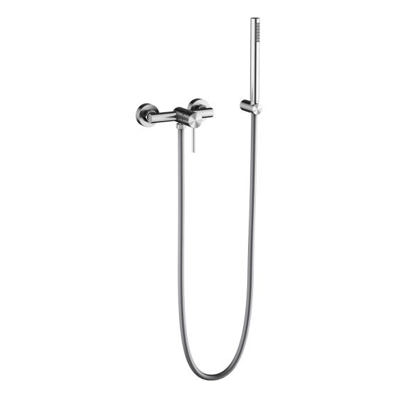 Alt Tag: Стенен смесител за душ Eternity Brushed Steel - неръждаема стомана - стенен душов смесител H8008-1 с PVC шлаух 150 см за KERANOVA онлайн магазин