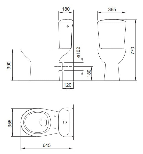 Моноблок Canto - Fayans технически чертеж с размери 645x355x770 мм за онлайн магазин KERANOVA