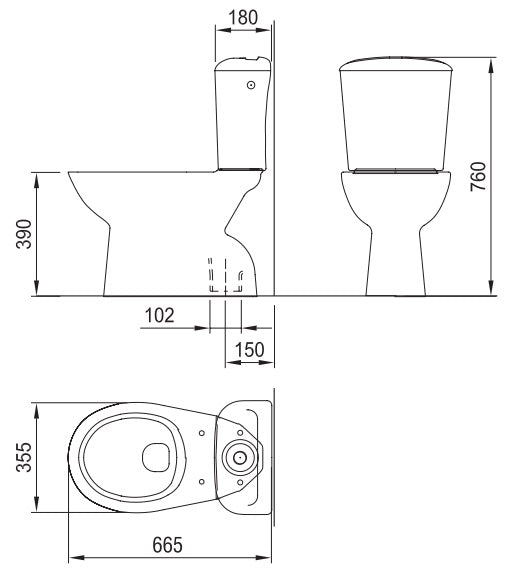 Моноблок Canto - Fayans технически чертеж с размери 665x355 мм, височина 760 мм, онлайн магазин KERANOVA