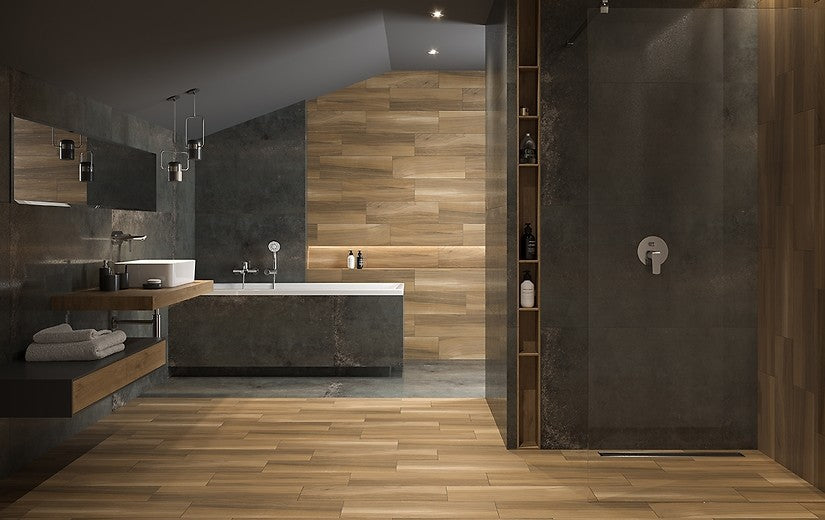 Серия Hickory Wood 18.5x59.8 см. - Cersanit полски гранитогрес имитиращ дърво в модерен банен дизайн за онлайн магазин KERANOVA