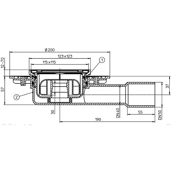 Подов сифон HL90PR за KERANOVA, DN40/50 странично оттичане с воден затвор PRIMUS и пластмасова рамка 123x123 мм