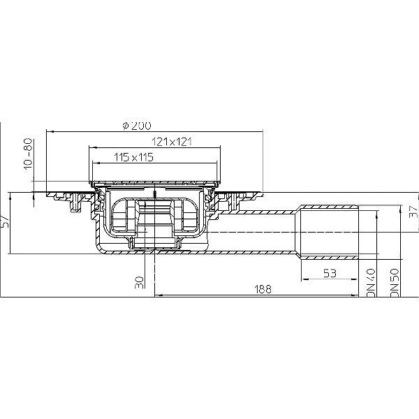 Подов сифон HL90PR-3000 с воден затвор PRIMUS, странично оттичане DN40/50, неръждаема рамка 121x121mm — KERANOVA