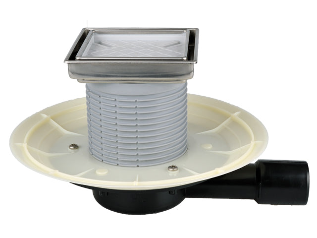 Подов сифон за вграждане на плочка HL90PR-3020 от неръждаема AISI 316 рамка, воден затвор PRIMUS BLUE, странично оттичане, онлайн магазин KERANOVA