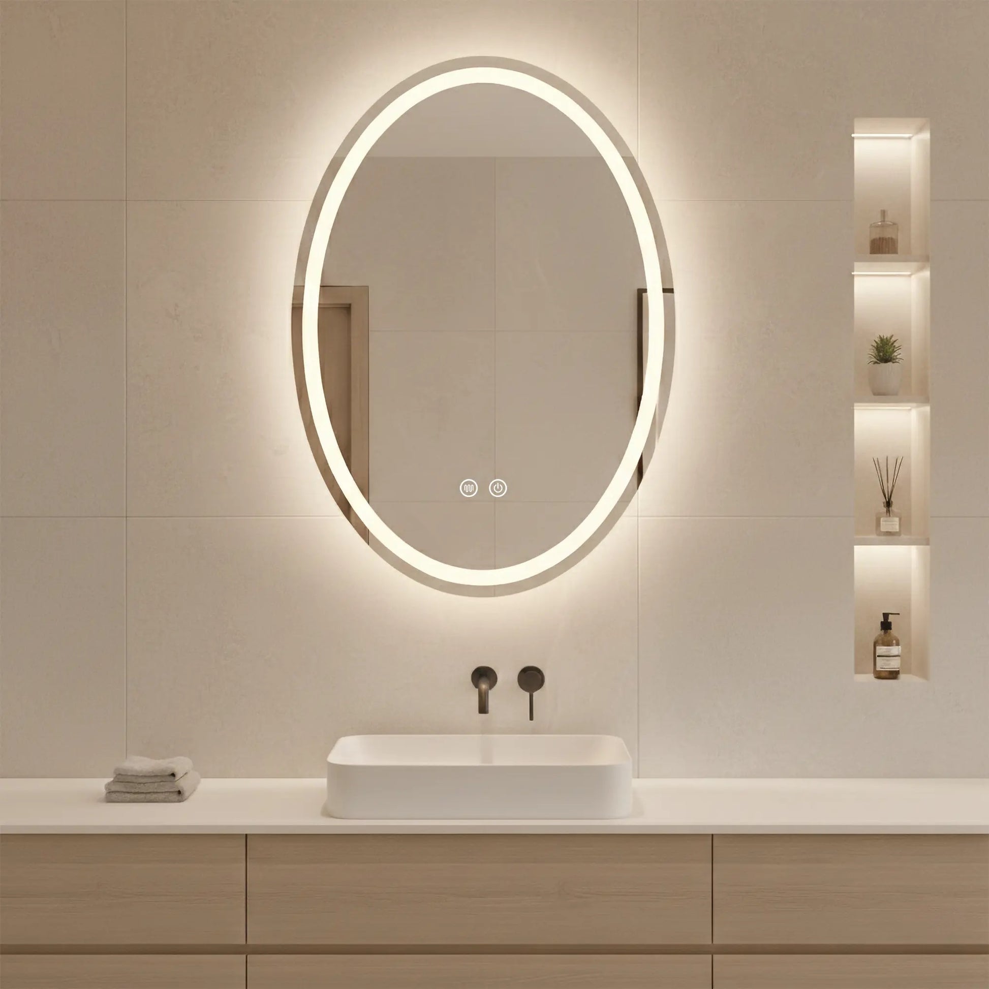 Огледало с осветление и подгрев Marco 50х70 см. ЛЕД огледало за баня с touch и антизамъгляване, мебели за баня